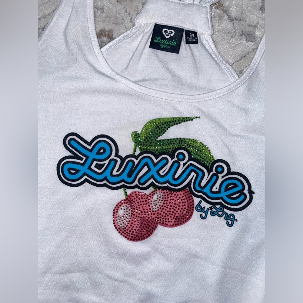 Vintage Luxirie by LRG White tank Dress with Cherry 🍒 Crystal logo design - Picture 2 of 4